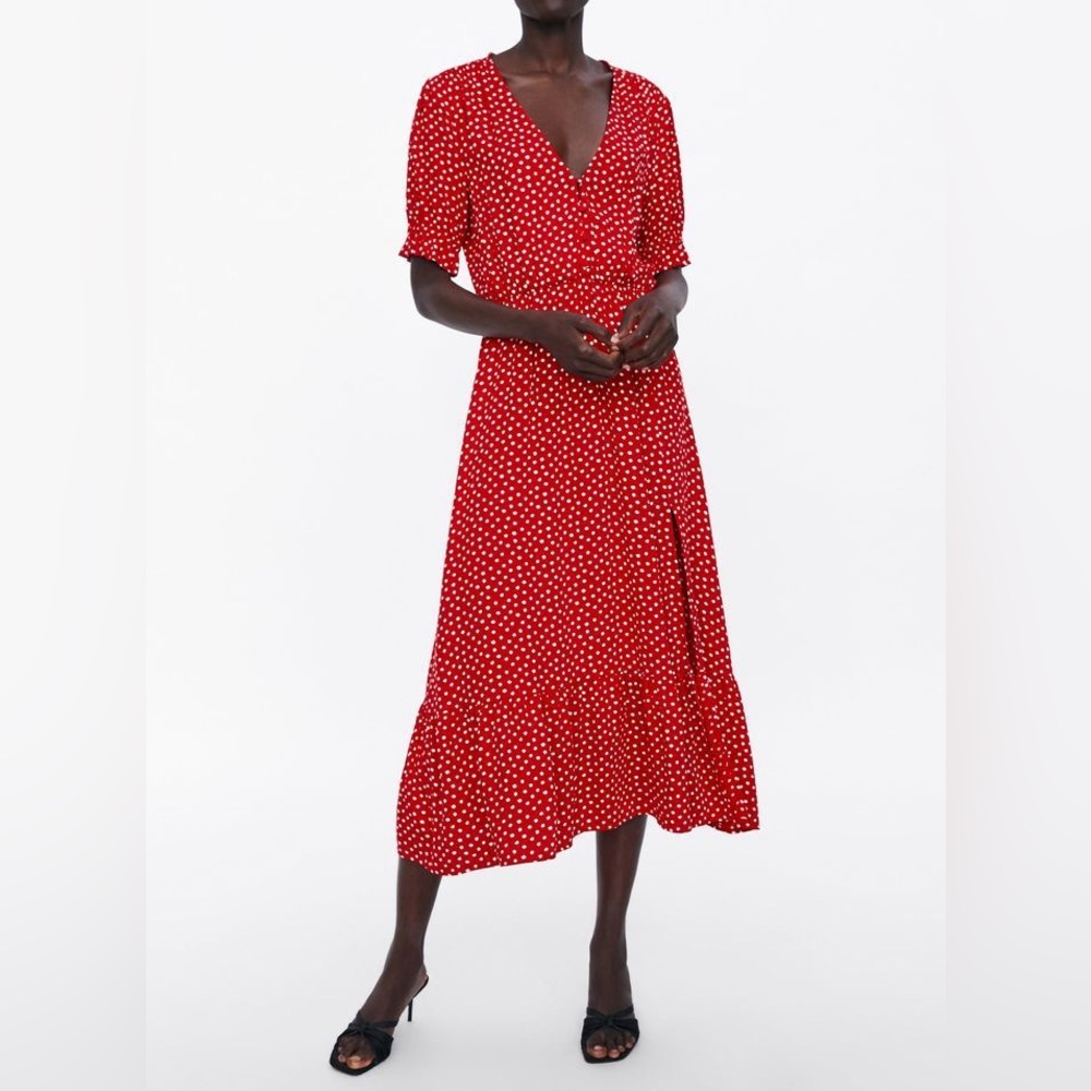 Zara Red and White Polka Dot Midi Dress
